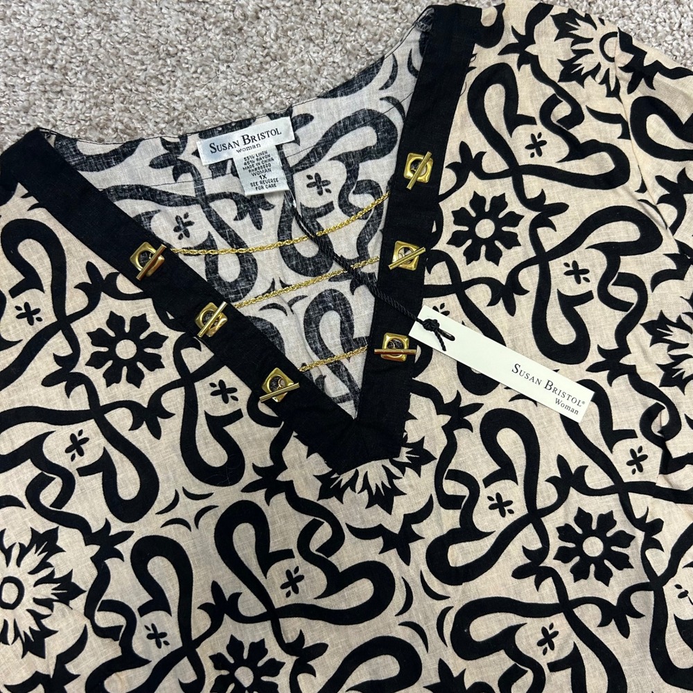 Susan Bristol Linen Blend Women Top 1X New 3/4 Sleeve V-Neck Clasp Tunic